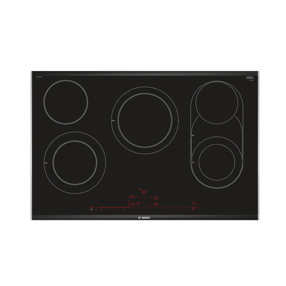 Bosch Electric Cooktop, 32″/80 cm, 8 Series, Black with Stainless Steel Frame