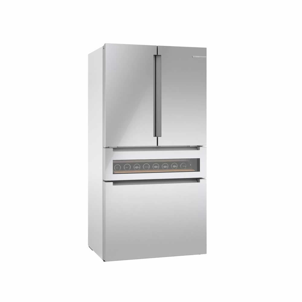 Bosch French Door Bottom-Freezer Refrigerator with Beverage Cooler Drawer, 36″/90 cm, 800 Series, Stainless Steel and Glass